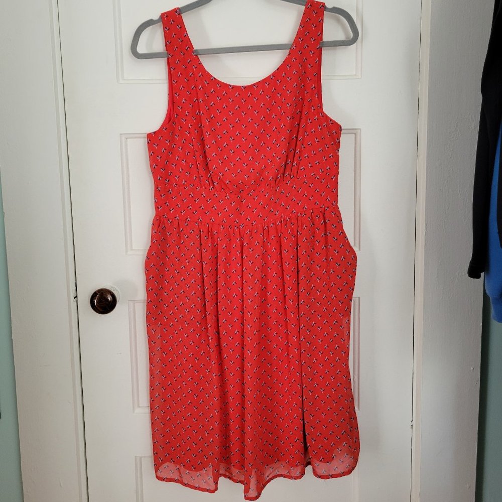 Maurices midi dress. Red w/ blue, black & white leaf pattern. Size 11/12